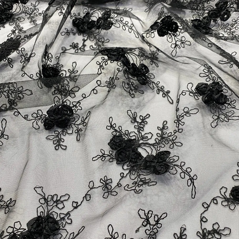 Baby Rose Embroidery Table Linen in Black