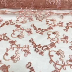 Basil Leaf Embroidery Table Linen in Coral