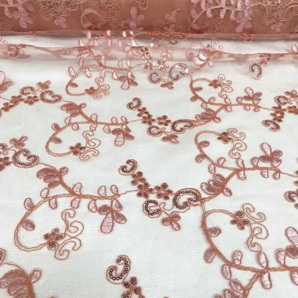 Basil Leaf Embroidery Table Linen in Coral