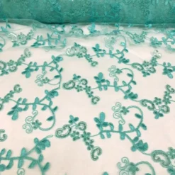 Basil Leaf Embroidery Table Linen in Teal Green