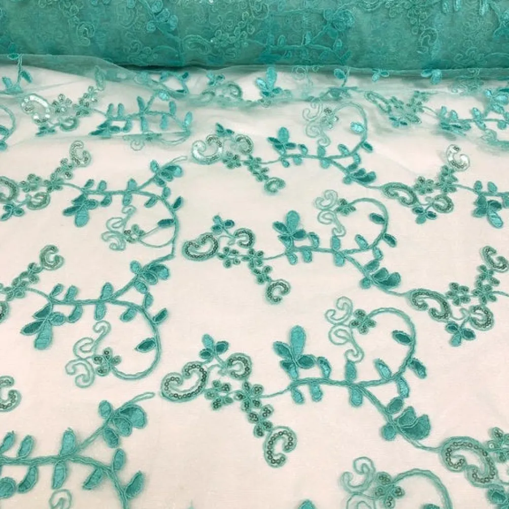 Basil Leaf Embroidery Table Runner in Teal Green