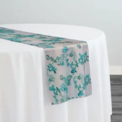 Basil Leaf Embroidery Table Runner in Teal Green
