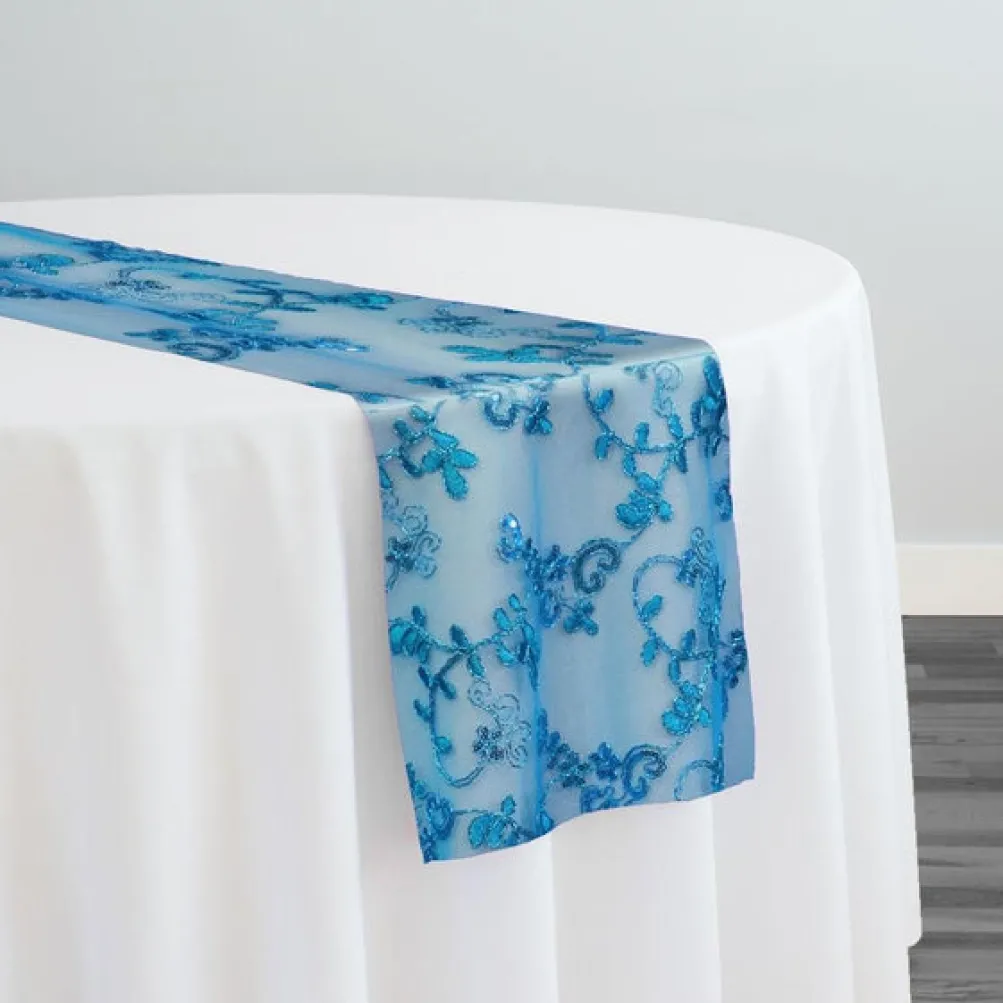Basil Leaf Embroidery Table Runner in Turquoise