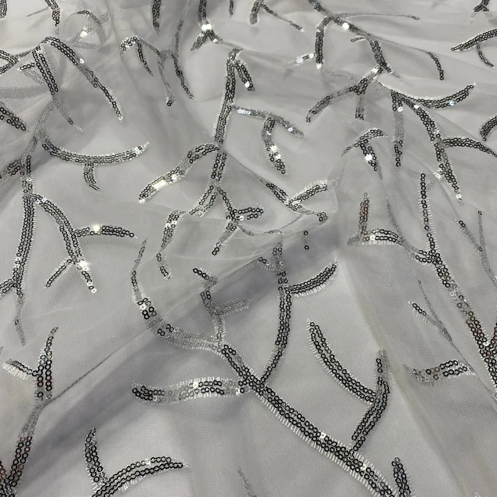 Brooks Sequins Table Linen in Silver and White