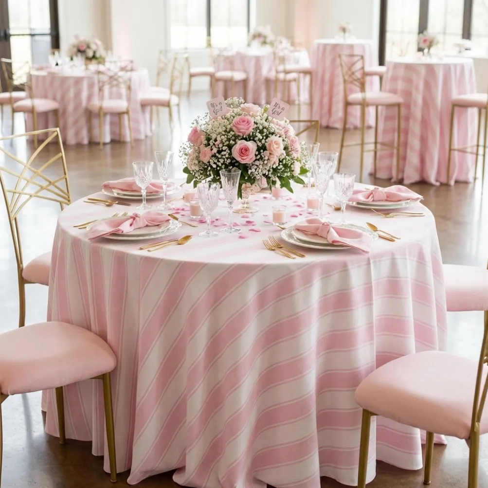 Cabana Stripe (Slub Print) Table Linen in Pink / White