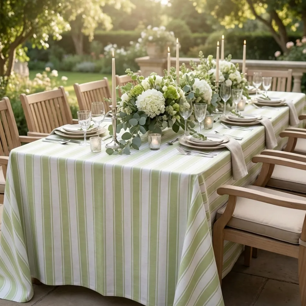 Cabana Stripe (Slub Print) Table Linen in Sage / White