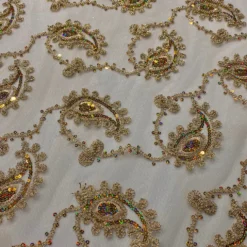Cocoa Paisley Embroidery Table Runner in Champagne