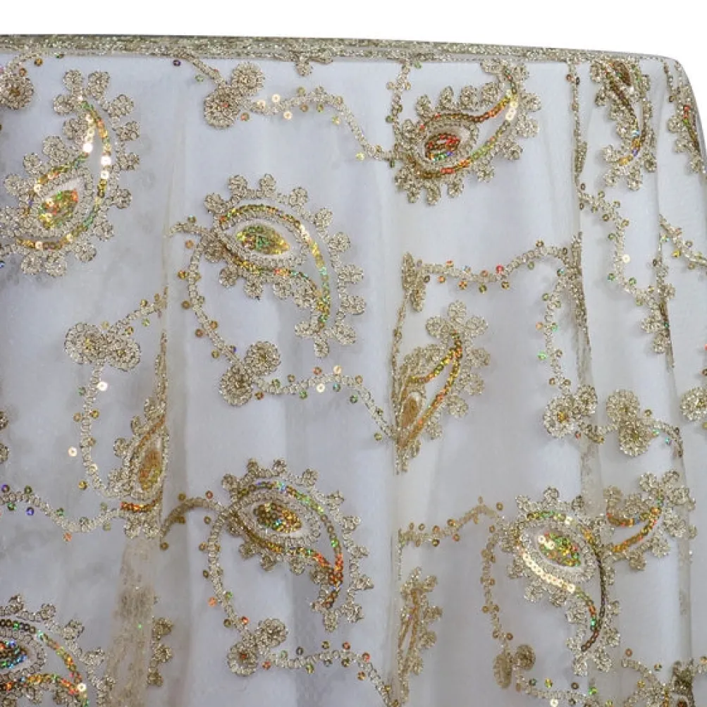 Cocoa Paisley Embroidery Table Linen in Champagne