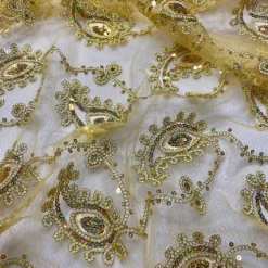 Cocoa Paisley Embroidery Table Linen in Gold