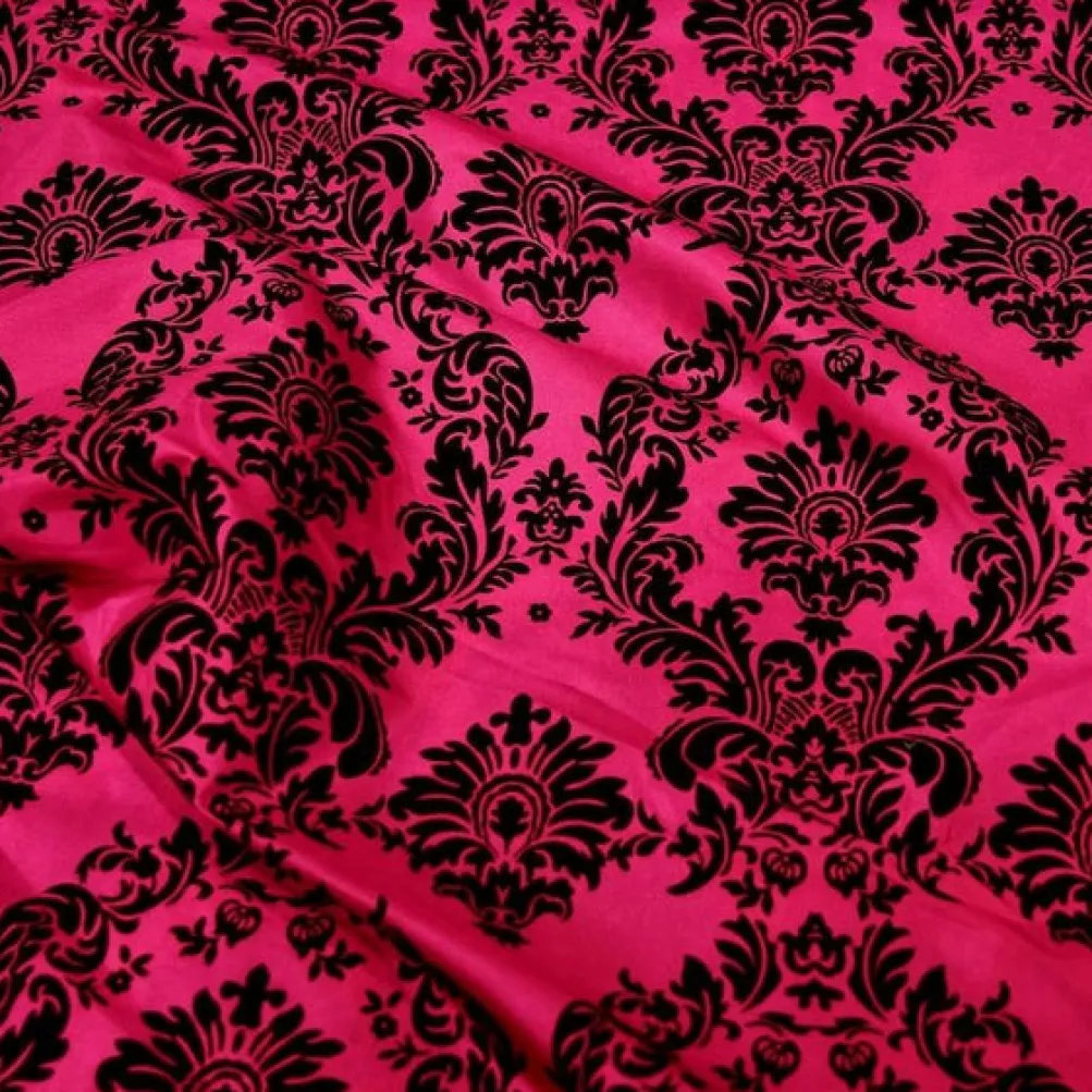 Damask Flocking Taffeta Table Linen in Black on Fuchsia