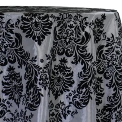 Damask Flocking Taffeta Table Linen in Black on Silver