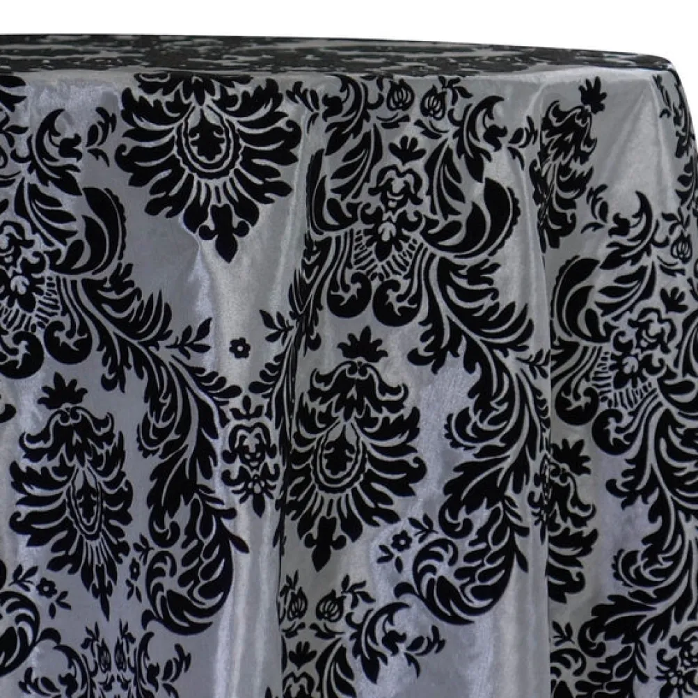 Damask Flocking Taffeta Table Linen in Black on Silver