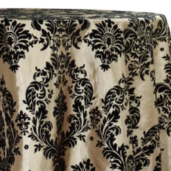 Damask Flocking Taffeta Table Linen in Black on Ivory