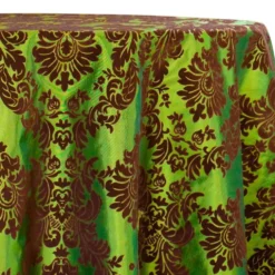 Damask Flocking Taffeta Table Linen in Brown on Olive