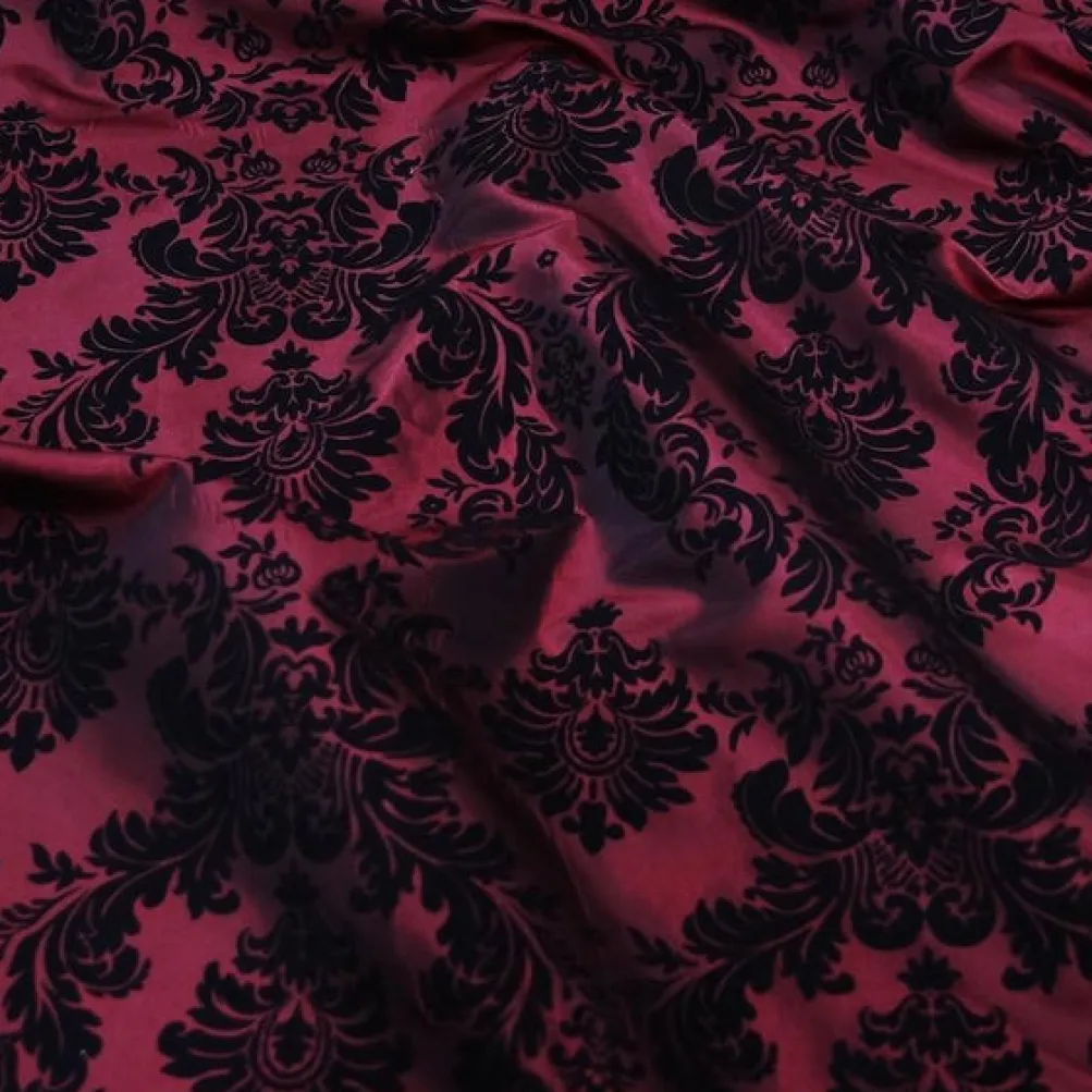 Damask Flocking Taffeta Table Runner in Black on Burgundy