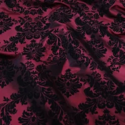 Damask Flocking Taffeta Table Linen in Black on Burgundy