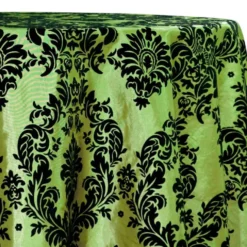 Damask Flocking Taffeta Table Linen in Black on Olive