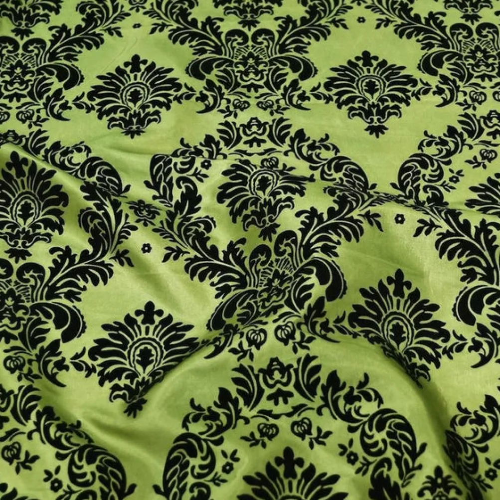 Damask Flocking Taffeta Table Linen in Black on Olive