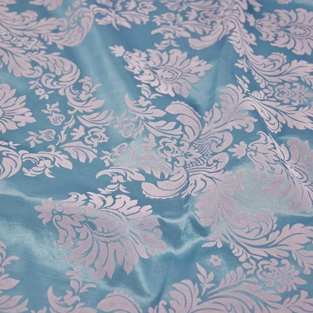 Damask Flocking Taffeta Table Runner in Silver on Turquoise