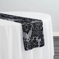 Damask Flocking Taffeta Table Runner in Black on Silver