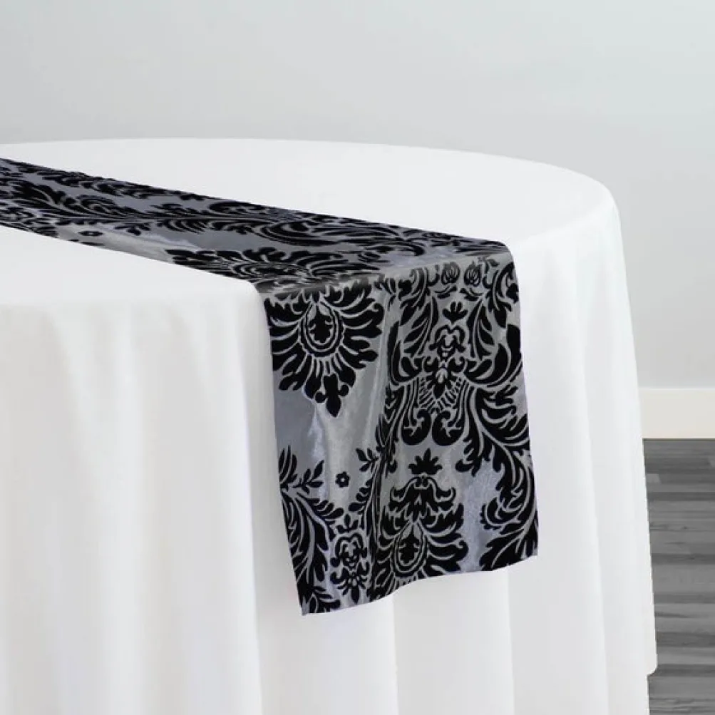 Damask Flocking Taffeta Table Runner in Black on Silver
