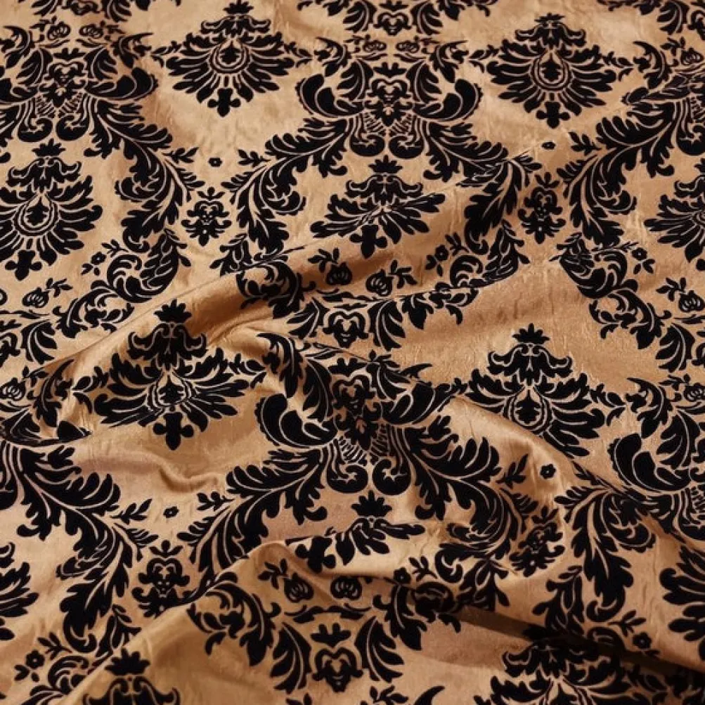 Damask Flocking Taffeta Table Runner in Black on Gold