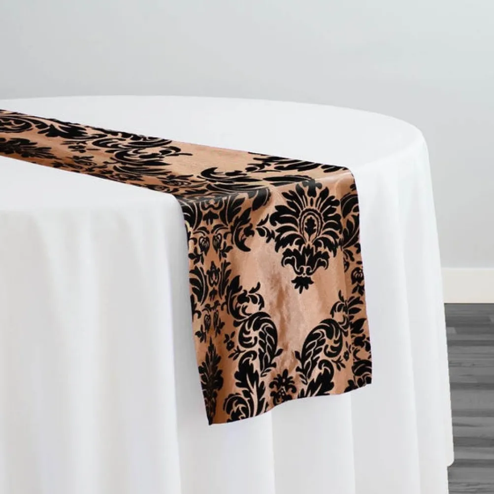 Damask Flocking Taffeta Table Runner in Black on Gold