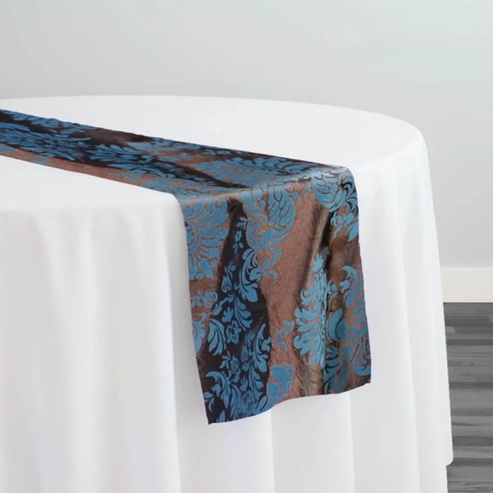Damask Flocking Taffeta Table Runner in Turquoise on Brown
