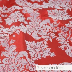 Damask Flocking Taffeta Table Runner in Silver on Red