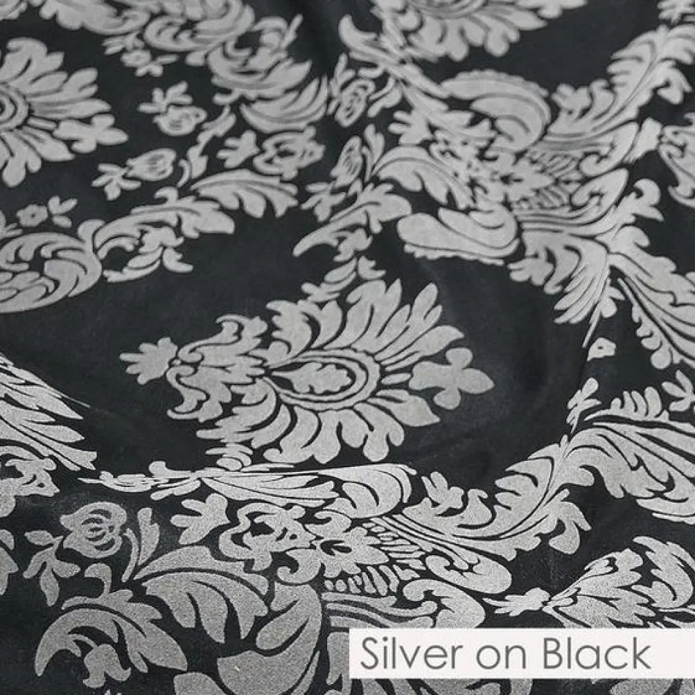 Damask Flocking Taffeta Table Runner in Silver on Black