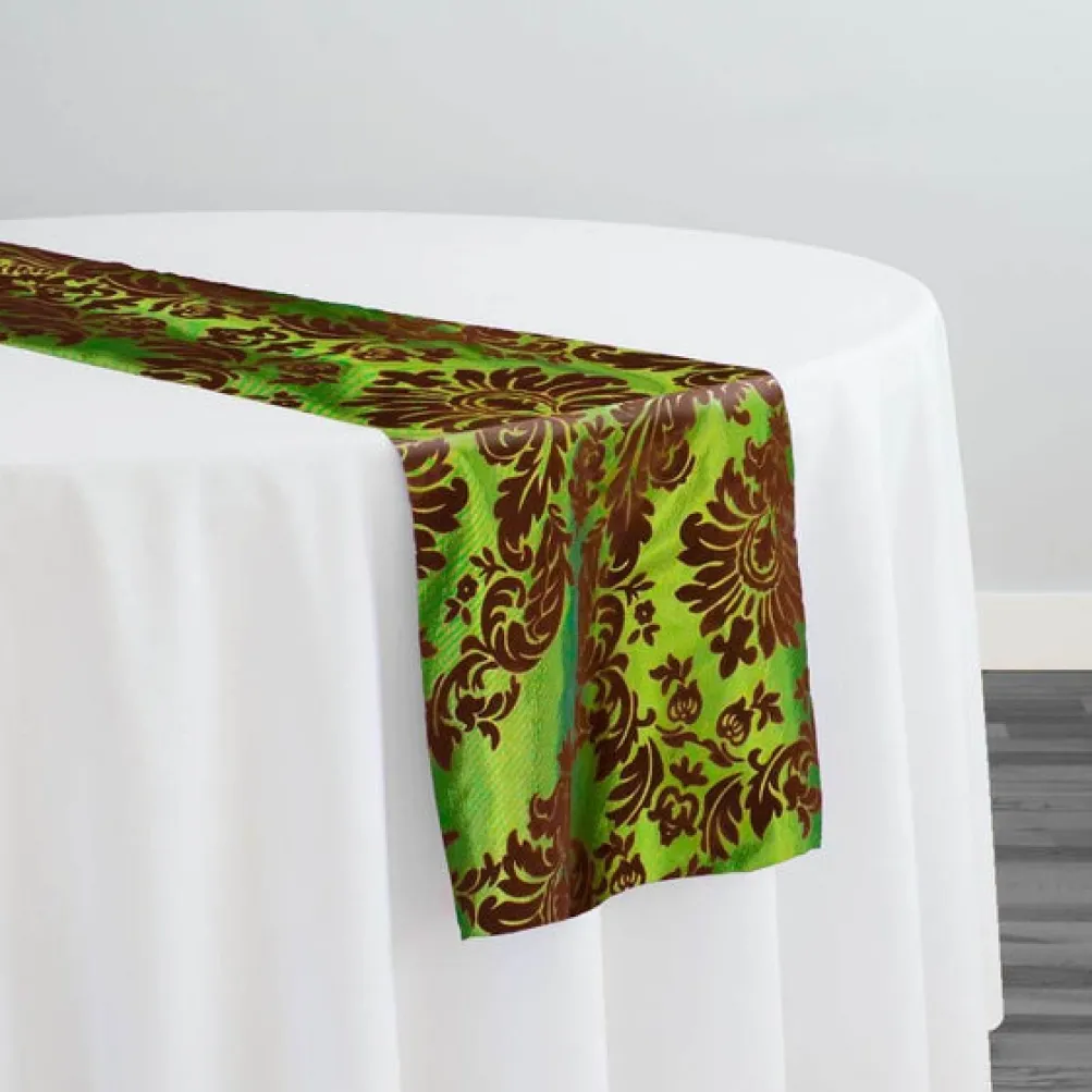 Damask Flocking Taffeta Table Runner in Brown on Olive