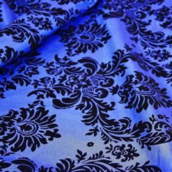 Damask Flocking Taffeta Table Runner in Black on Royal
