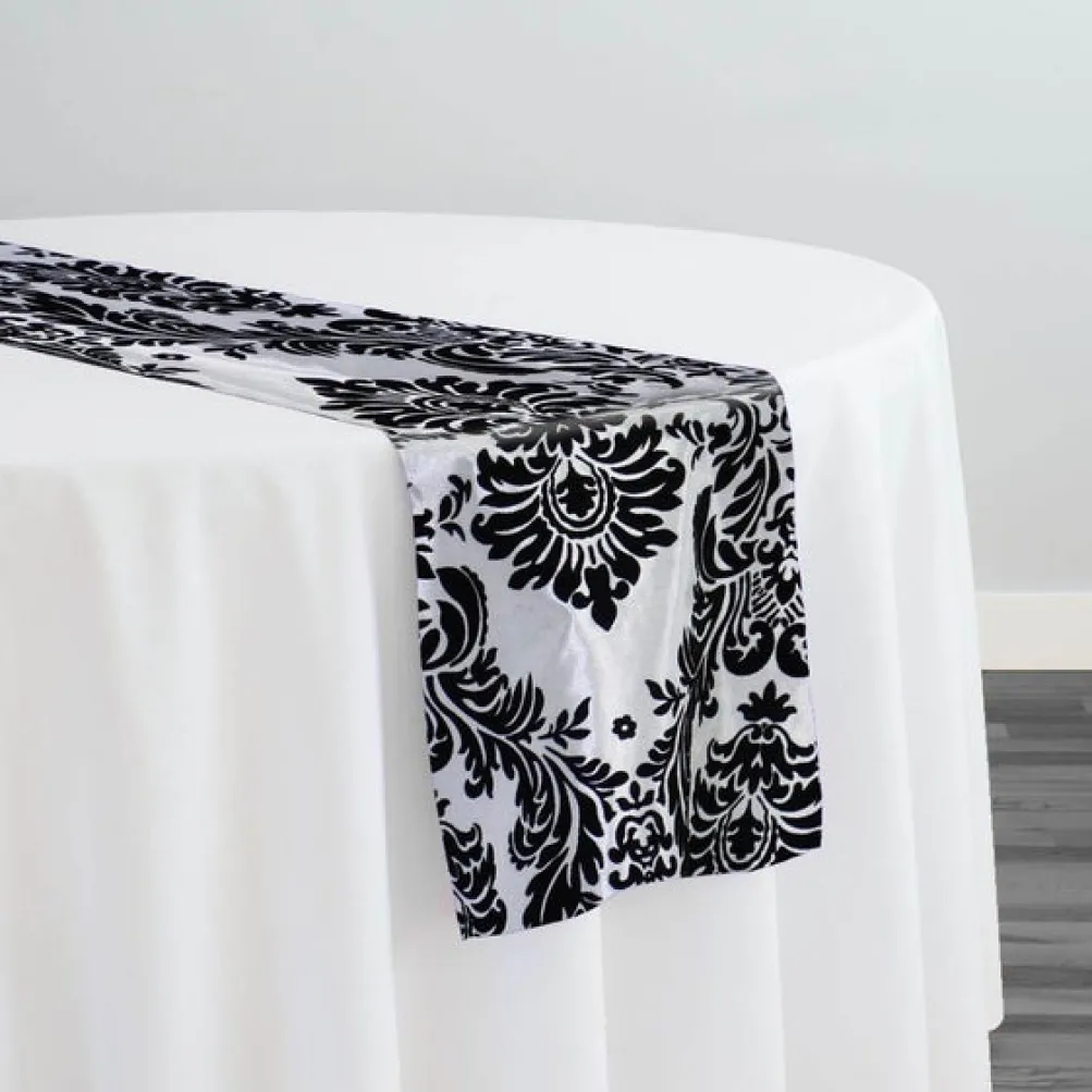 Damask Flocking Taffeta Table Runner in Black on White