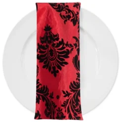 Damask Flocking Taffeta Table Napkin in Black on Red