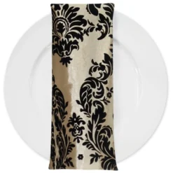 Damask Flocking Taffeta Table Napkin in Black on Ivory