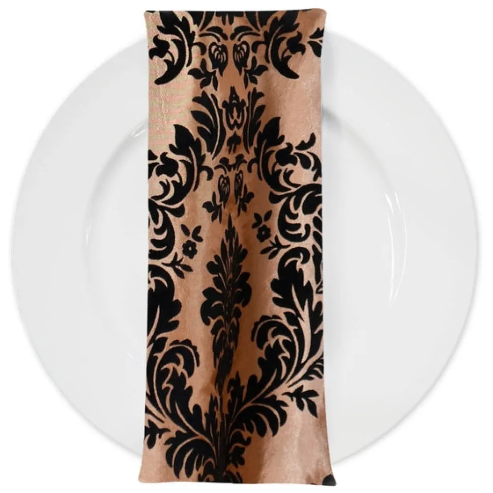 Damask Flocking Taffeta Table Napkin in Black on Gold