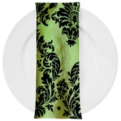 Damask Flocking Taffeta Table Napkin in Black on Olive