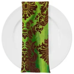 Damask Flocking Taffeta Table Napkin in Brown on Olive