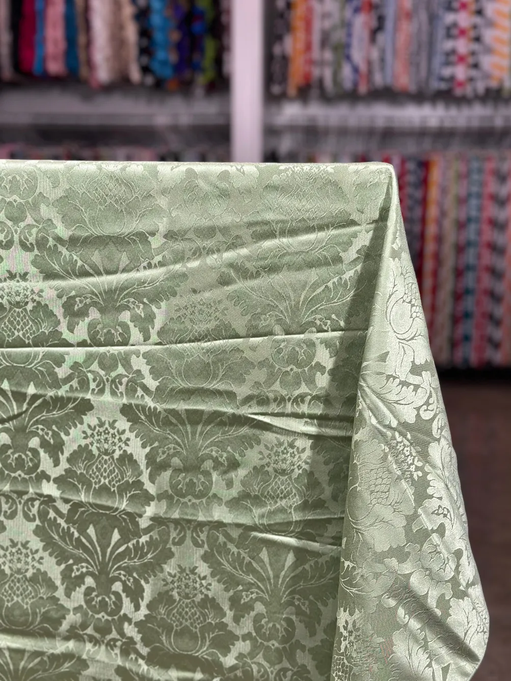 Damask Poly Table Linen in Sage 1152