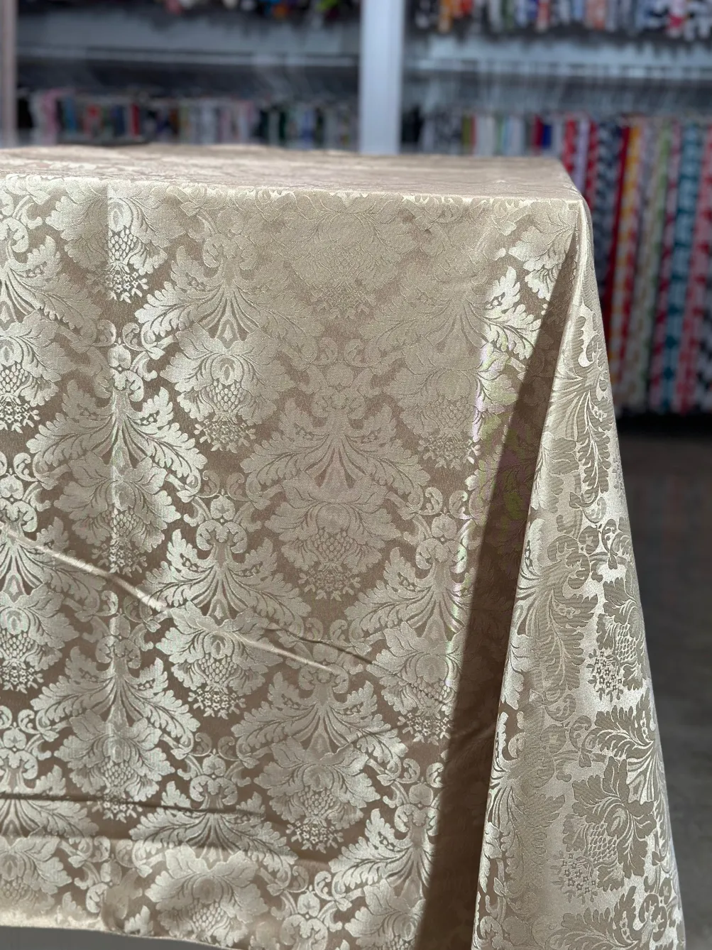 Damask Poly Table Linen in Taupe 1189