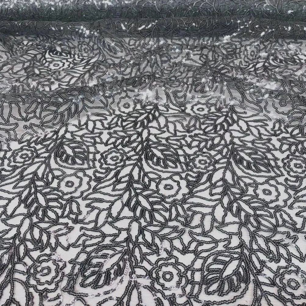 Fiori Leaf Sequins Table Linen in Grey