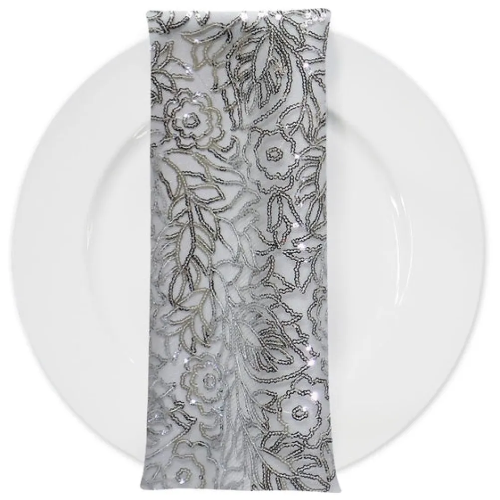Fiori Leaf Sequins (w/ Poly Lining) Table Napkin Silver