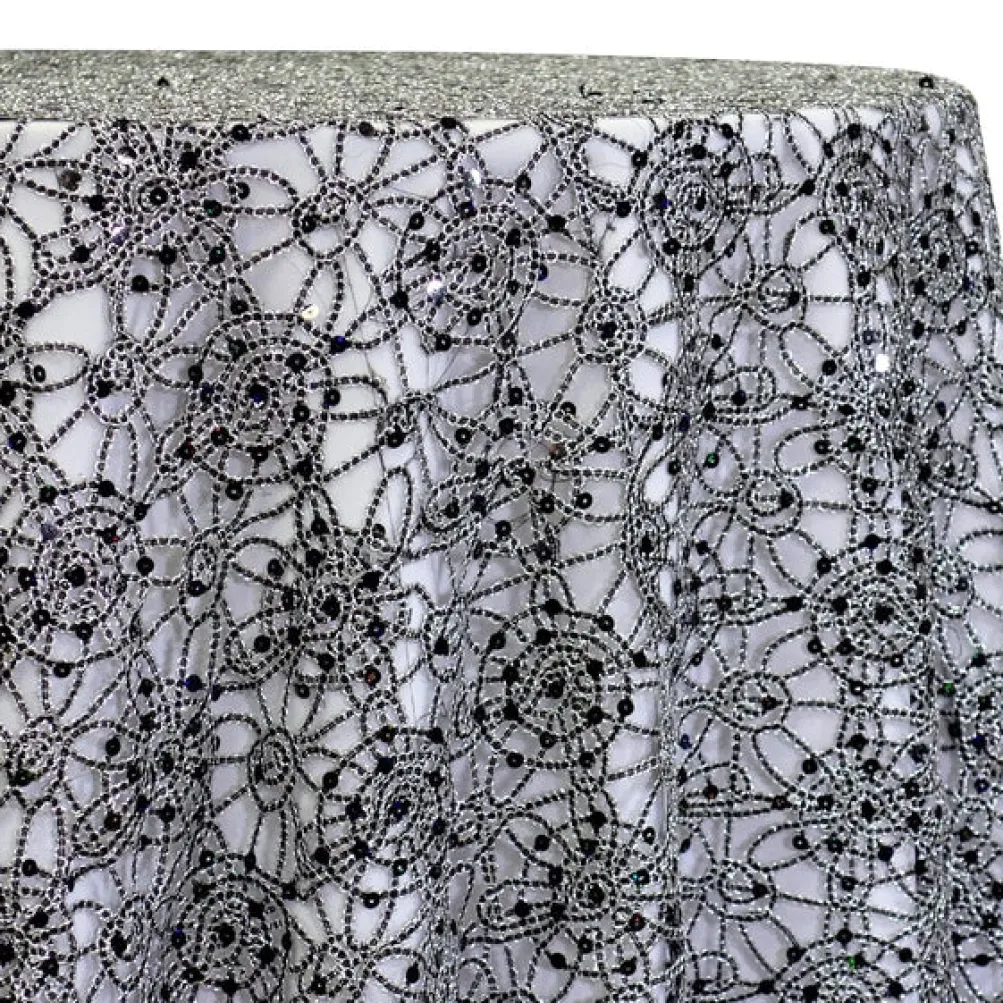 Flower Chain Lace Table Linen in Black and Silver