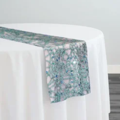 Flower Chain Lace Table Runner in Aqua and Silver