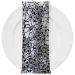 Flower Chain Lace (w/ Poly Lining) Table Napkin in Black and Silver