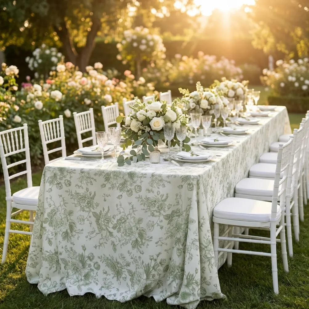 French Toile (Poly Print) Table Linen in Sage