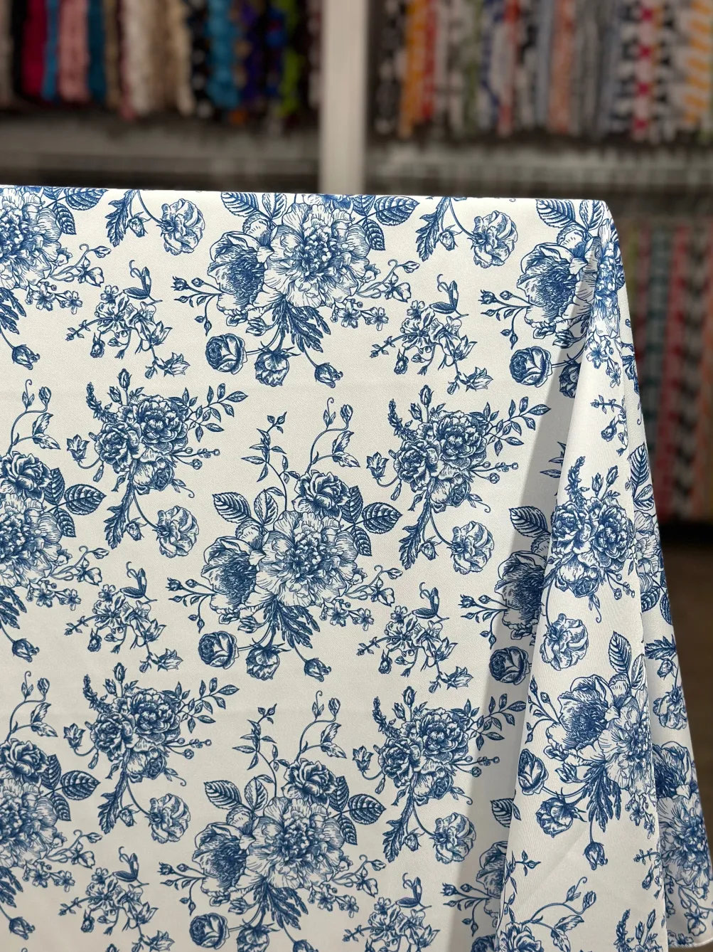 French Toile (Poly Print) Table Linen in Royal Blue