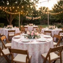 French Toile (Poly Print) Table Linen in Dusty Rose