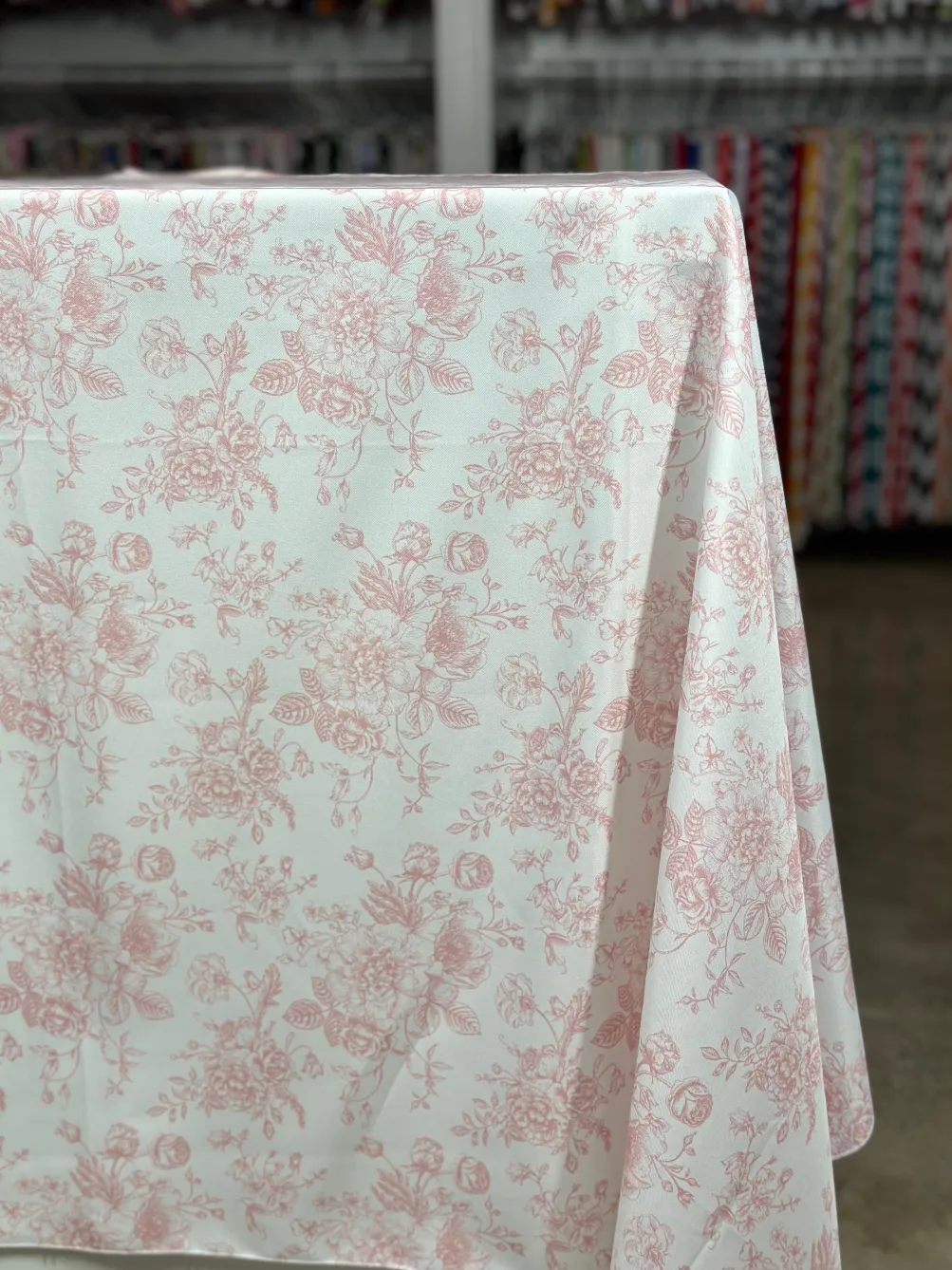 French Toile (Poly Print) Table Linen in Dusty Rose