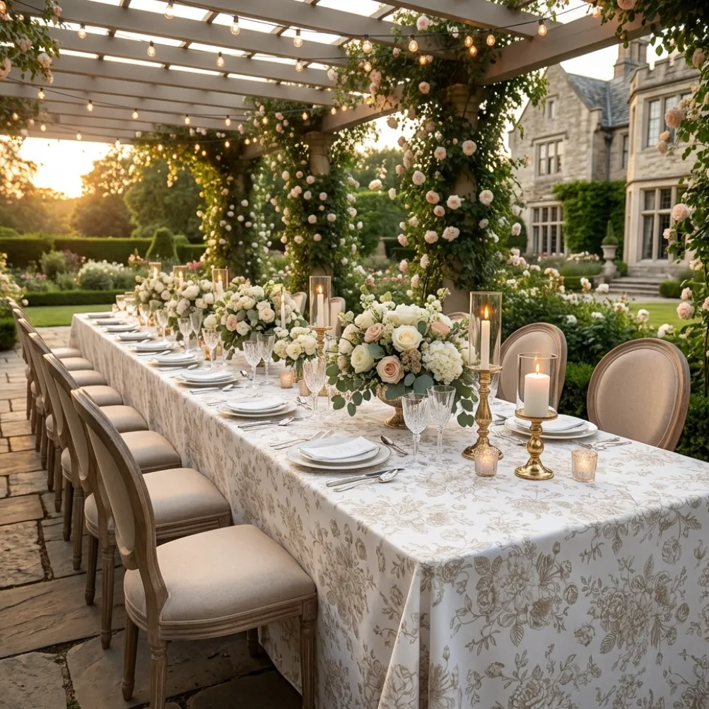 French Toile (Poly Print) Table Linen in Taupe